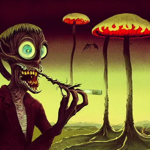 Image similar to 4 k headshot portrait of a psychedelic demonic anthropomorphic wendigo smoking a hand - rolled cigarette smoking heavily, magic mushroom village in background. award winning. superb resolution. in the art style of junji ito and greg rutkowski. detailed mushroom city in background. hyper realistic anime. perfect art. dalle 2