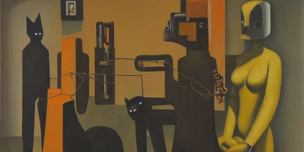 Prompt: brutalist feline robot portrait, grant wood, pj crook, edward hopper, oil on canvas