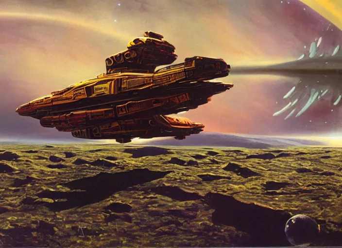 Prompt: spaceship, cinematic matte painting, chris foss