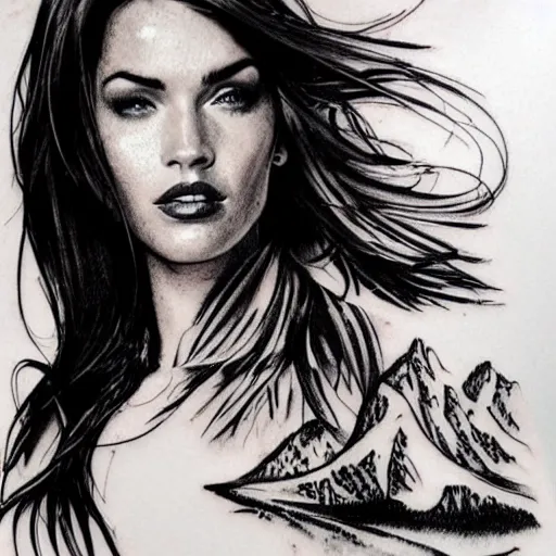 Image similar to double - exposure tattoo sketch of megan fox double - exposure with beautiful mountains, in the style of dan mountford