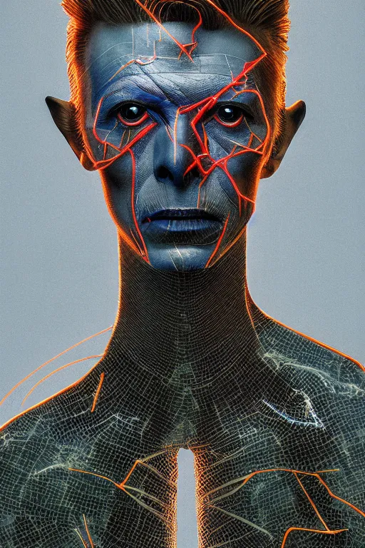 Image similar to portrait of david bowie cyborg, kintsugi, modern fine art, fractal, intricate, elegant, highly detailed, digital photography, subsurface scattering, by jheronimus bosch and basquiat and greg rutkowski,