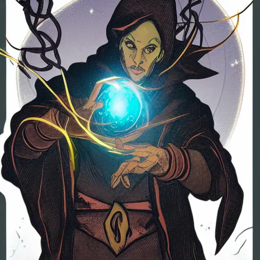 Prompt: a warlock is casting a magic spell while with magic orb floating in his hand , dynamic pose, chromatic aberration , medium level shot, Mucha style , Grim fantasy, illustration ,concept art,