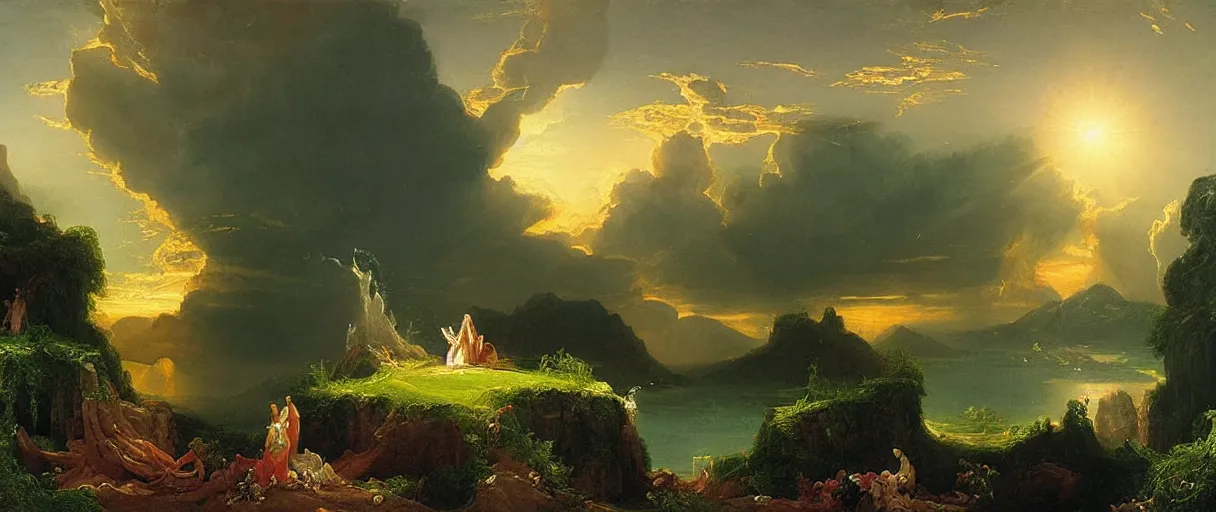 Image similar to what were we doing when we unchained this earth from its sun? whither is it moving now? whither are we moving? away from all suns? are we not plunging continually? backward, sideward, forward, in all directions?, in the style of an awe - inspiring thomas cole oil painting on canvas