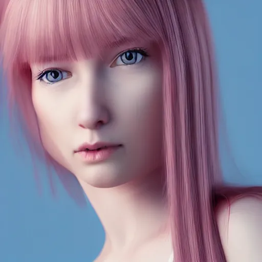 Prompt: A 3d cgi toon young woman with long pink hair, full bangs, amber eyes, pale skin, Chinese, medium shot, mid-shot, soft focus
