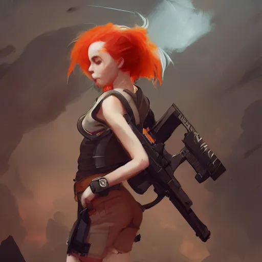 Image similar to A redheaded girl wearing a crop top, shorts and wielding a gun, character design by charles bowater,greg rutkowski,ross tran,hyperdetailed,hyperrealistic,4k,deviantart,artstation,professional photography,concept art, anime