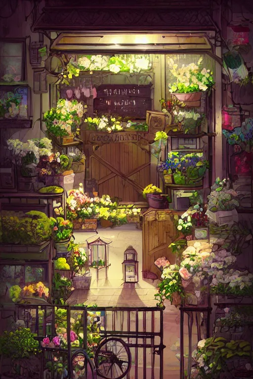 Image similar to a little flower shop's front gate, nostalgic, fresh digital illustrati on, dramatic lighting, pixiv