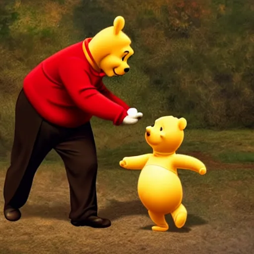 Image similar to an award winning cinematic still of Xi Jinping as Winnie the Pooh, 16k photograph
