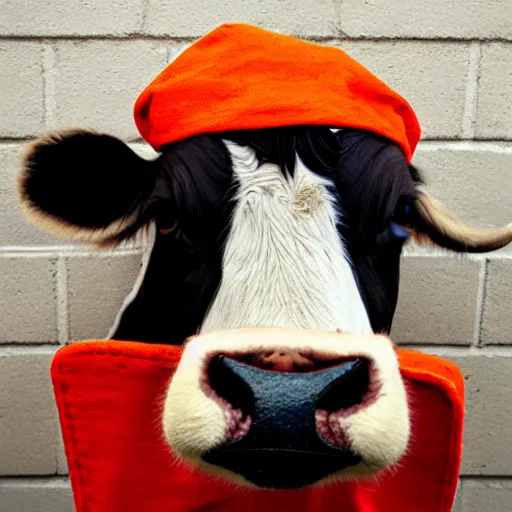 Image similar to mugshot of a cute sad calf dressed as an inmate in jail