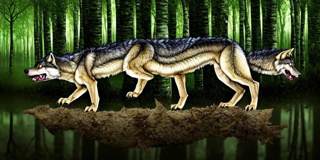 Image similar to chimera made of a wolf and a crocodile, awarded on pixiv, trending on deviantart, realistic birch wood swamp, professional photoshop utilizing real life photos