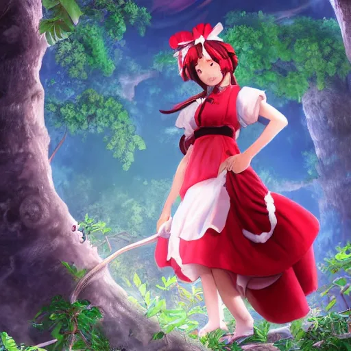 Image similar to a imaginefx cgsociety of reimu in the jungle wearing bonnet