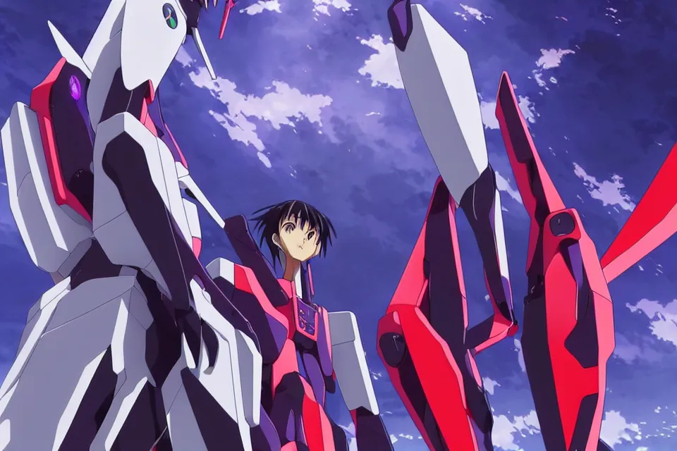 Image similar to anime illustration of black detailed evangelion eva - 0 1 standing menacingly behind ikari shinji, cinematic lighting, evangelion anime poster, rebuild of evangelion 1 0 8 0 p, 9 0 s anime aesthetic, volumetric lights, rule of thirds, unreal engine render, pinterest wallpaper, trending on artstation