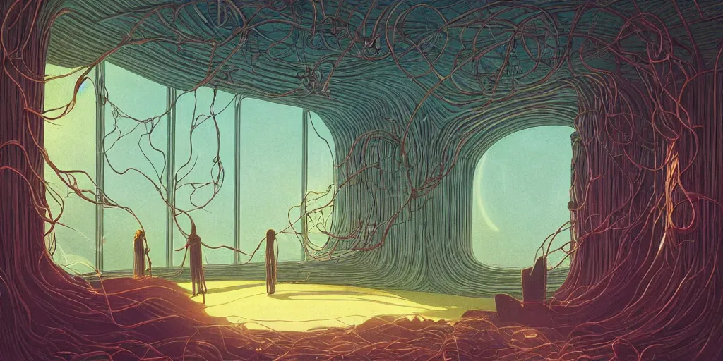 Prompt: illustrated 90s library interior with organic circular windows, figures, natural starlight, bright colors, hanging vines, cinematic, cyberpunk, smooth, chrome, lofi, nebula, calming, dramatic, fantasy, by Moebius, by zdzisław beksiński, fantasy LUT, studio ghibli, high contrast, epic composition, sci-fi, dreamlike, surreal, angelic, 8k, unreal engine, hyper realistic, fantasy concept art,