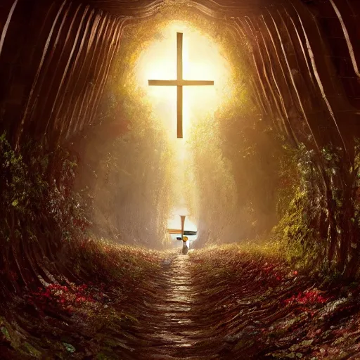 Image similar to a christian cross as the light at the end of the tunnel, with a few vines and overgrowth, concept art by Doug Chiang cinematic, realistic painting, high definition, digital art, symmetrical, very detailed, extremely high detail, photo realistic, concept art, unreal engine 5, bokeh, album cover