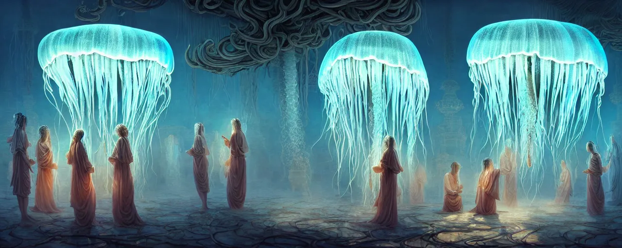 Prompt: A painting of priestesses worshipping at the jellyfish temple, shrouded in mist, jellyfish god, 8K, illustration, by Justin Cheung and ArtGerm and Stéphane Roux, smoke, cinematic, insanely detailed and intricate, hypermaximalist, elegant, super detailed, award-winning, chartreuse and orange and cyan, mysterious, ancient, ritual, ethereal, trending in cgsociety, artstation HQ, ornate, elite, haunting, matte painting, beautiful detailed, insanely intricate details, artstation trending
