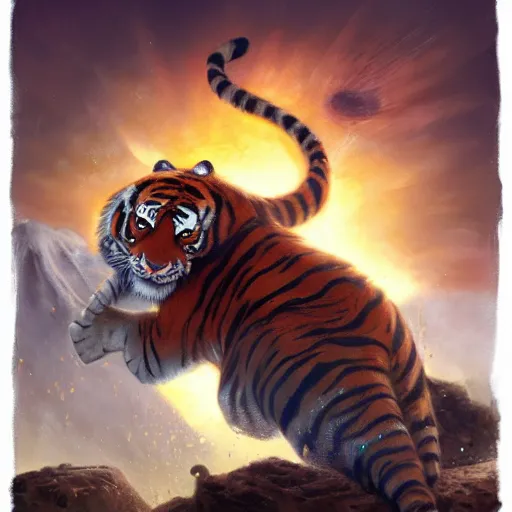 Prompt: tiger running from a volcano by justin gerard, deviantart