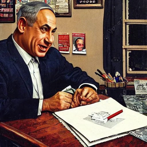 Image similar to painting of benjamin netanyahu sitting in a dark room answering fan mail, stressed expression, by norman rockwell