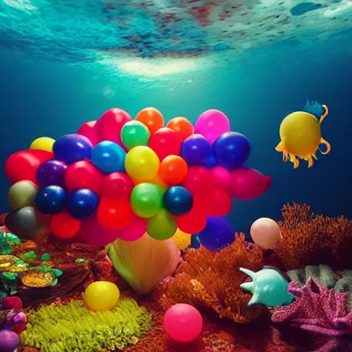 Prompt: balloonanimals, under the sea, little mermaid, realistic, hd, dramatic lighting