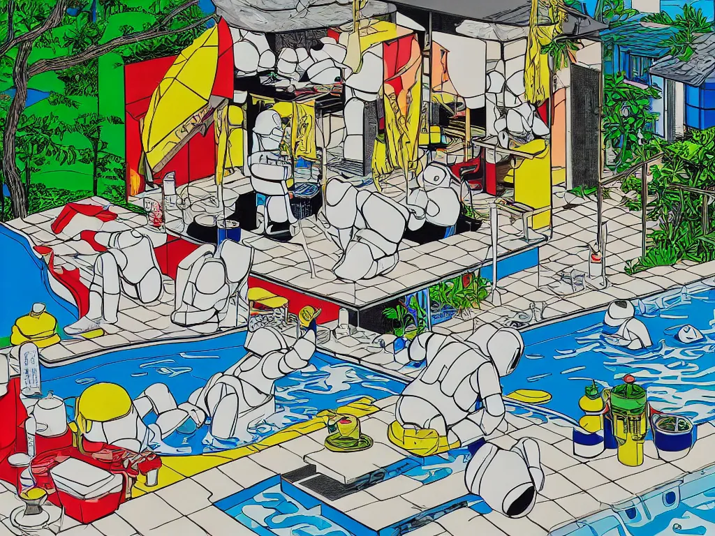 Image similar to hyperrealism composition of the japanese house with a hot springs in the garden, two detailed stormtroopers bathe in a hot spring, pop - art style, jacky tsai style, andy warhol style, roy lichtenstein style, acrylic on canvas