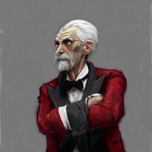 Image similar to portrait of a puppet master, grey hair and a tuxedo, harsh good looking face, middle aged, surrounded by red curtains, drawn by Ruan Jia, disco elysium style, highly detailed