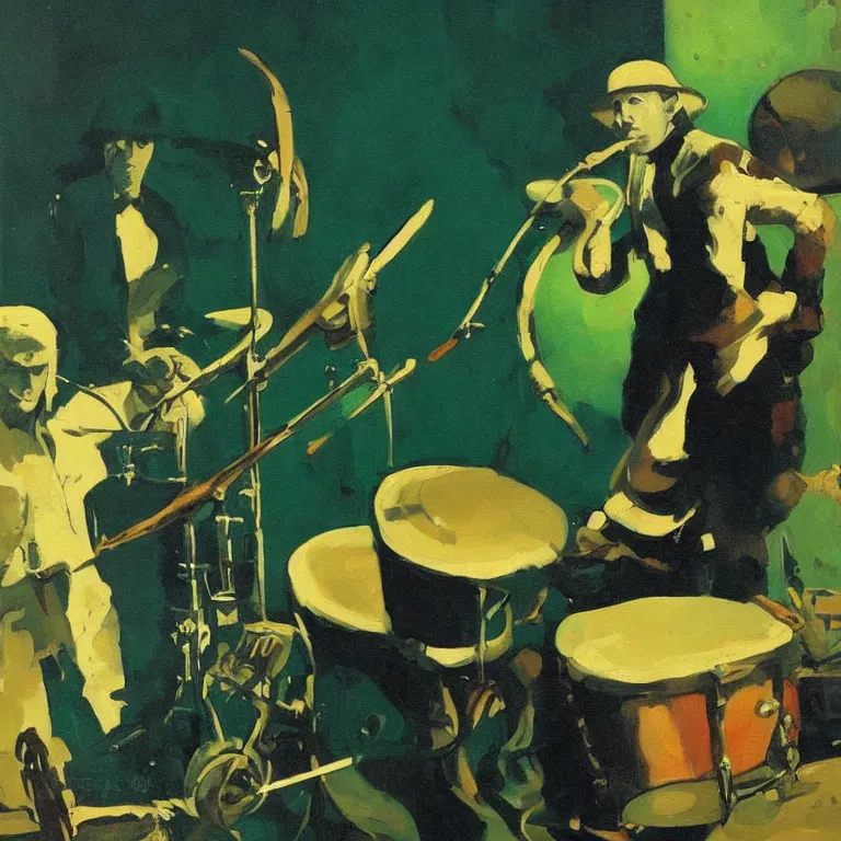 Image similar to a beautiful painting by mead schaeffer of an octopus playing drums and telecaster guitar in a rock concert, dark background, green concert light, dark mood