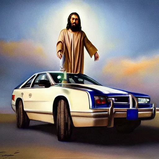 Image similar to hyperrealism painting of jesus christ standing on top of a police car in a police chase