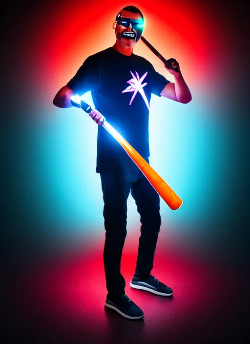 Image similar to guy with a baseball bat over the shoulder, bionic augments, evil smile, dressed in a t-shirt with an atomic explosion logo, colorful pants, sport shoes with led lightning,