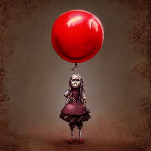 Image similar to surrealism grunge cartoon sketch of a sad little girlwith a wide smile and a red balloon by - michael karcz, loony toons style, horror theme, detailed, elegant, intricate