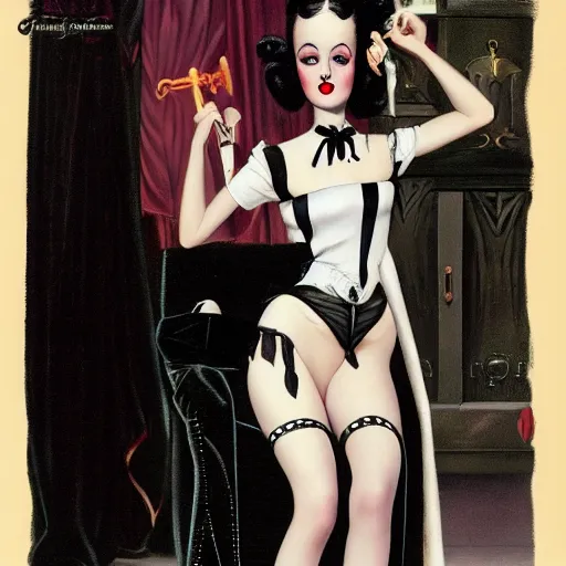 Prompt: Grown-up Wednesday Addams, Goth, Sexy, by Charles Addams and Gil Elvgren