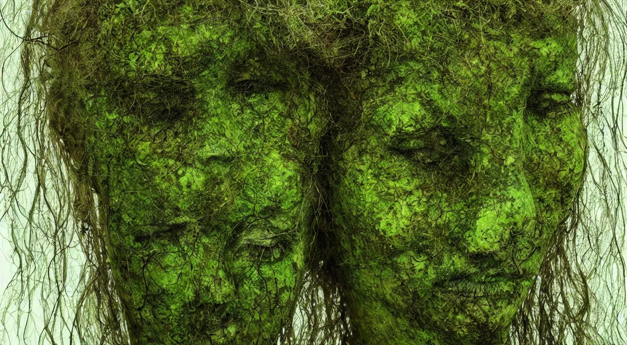 Prompt: Moss-covered Gaia goddess shedding a single tear