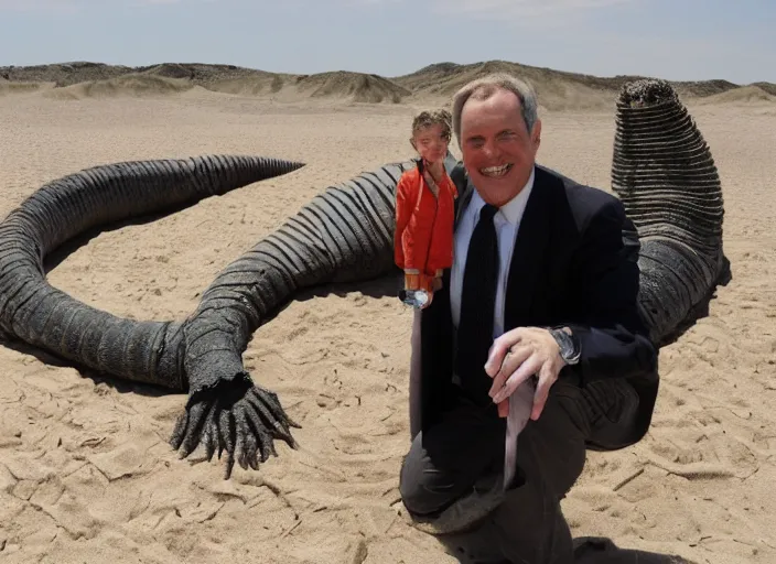 Image similar to a politician photo op with the sand worm from dune