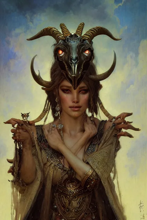 Image similar to goat queen by gaston bussiere, bayard wu, greg rutkowski, giger, maxim verehin