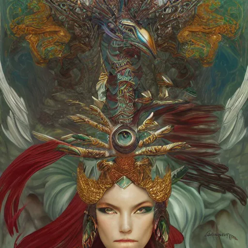 Prompt: quetzalcoatl in an epic battle with garuda, fantasy, d & d, intricate, elegant, highly detailed, digital painting, artstation, concept art, matte, sharp focus, illustration, art by john collier and albert aublet and krenz cushart and artem demura and alphonse mucha