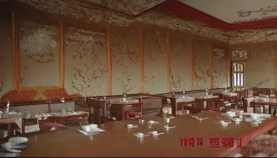 Prompt: 2010s movie still of empty north-korean royal restaurant palace post-stalinist style, eastmancolor, heavy grain, high quality, higly detailed