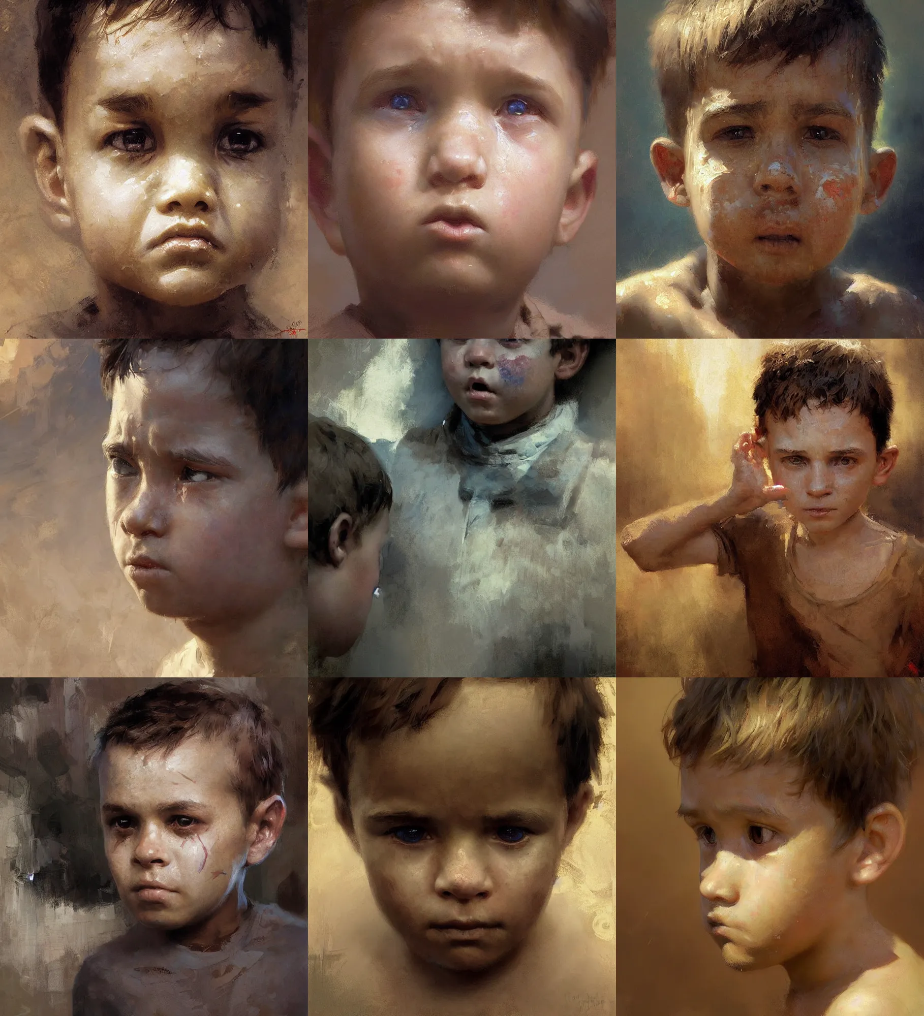 Prompt: digital art painting of a young boy expressing curiosity, doubt and astonishment in his face painted by craig mullins and gaston bussiere and greg rutkowski, symmetrical facial features, symmetrical face, defined facial features, dramatic lighting, close up