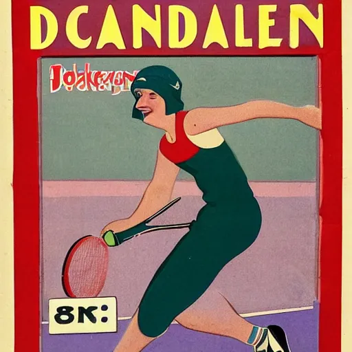 Image similar to a 1 9 2 8 cover of a danish magazine. happy, healthy, beautiful, smiling, young, sporty, glowing woman in decent athletic wear playing tennis. realistic detailed color drawing