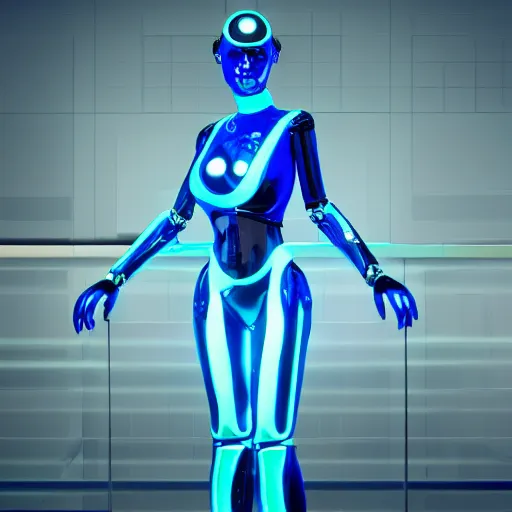 Image similar to a beautiful female robot human hybrid wearing a blue latex jumpsuit, circuitry glowing through the suit like tron, face, torso, legs, feet, epic angle, octane render, photo realistic, hyper realistic, 8 k resolution in the style of alvin schwartz