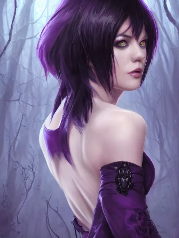 Prompt: full portrait of a dark fantasy female necromancer, skinny, saggy purple robes, pretty, black bob haircut, red eyes, circlet, corset, finesse, key visual, realistic shaded perfect face, gloom, fine details, forest background, smooth, highly detailed, digital illustration, by artgerm, rossdraws, frank franzzeta