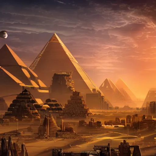 Image similar to a scene of a beautiful intricate epic futuristic pharaoh city with cyber pyramids and neo sphynx with steampunk vehicles taken from a distance, minimalist, cinematic lighting