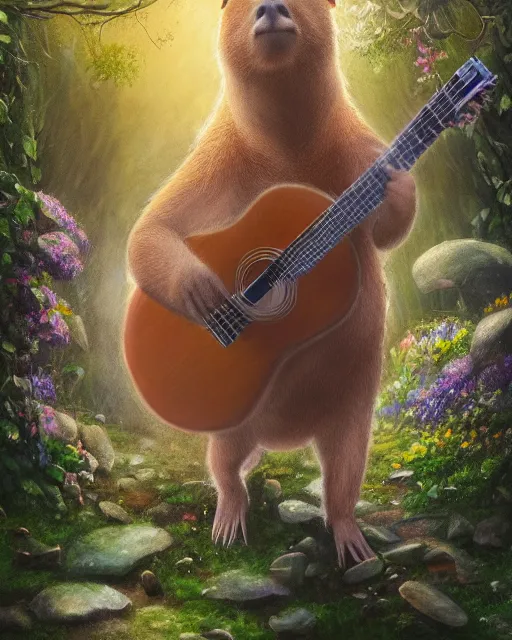 Prompt: Capybara playing Guitar in magical forest, portrait, wearing flower crown, magical notes, flowers, flower dress, birds, fairy atmosphere, magic the gathering artwork, D&D, fantasy, cinematic lighting, centered, symmetrical, highly detailed, digital painting, artstation, concept art, smooth, sharp focus, illustration, volumetric lighting, epic Composition, 8k, art by Akihiko Yoshida and Greg Rutkowski and Craig Mullins, oil painting, cgsociety