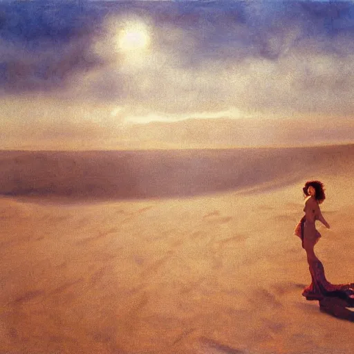 Prompt: filmstill photography of female body sulhouette covered with curly white translucent blanket blowing in wind, acrylic liquid colors, luxurious supermodel photoshooting, golden jewelry, bokeh, godrays, strong wind, wrinkles, sunrays, sunset, lens flares, monet, painting by renoir, cold colors, sand dunes, fresco by michaelangelo, art noveau