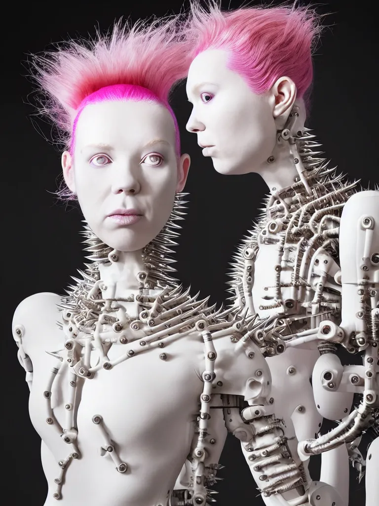 Image similar to portrait of a biomechanical goddess wearing a steel spikes studded iridescent beauty mask and pink hair buns, wearing a black bodysuit by alexander mcqueen, cream white background, soft diffused light, biotechnology, humanoid robot, perfectly symmetric, bjork aesthetic, translucent, by rineke dijkstra, intricate details, highly detailed, masterpiece,