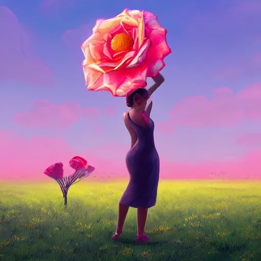 Image similar to portrait, giant rose flower head, girl dancing in a suit, surreal photography, sunrise, blue sky, dramatic light, impressionist painting, digital painting, artstation, simon stalenhag