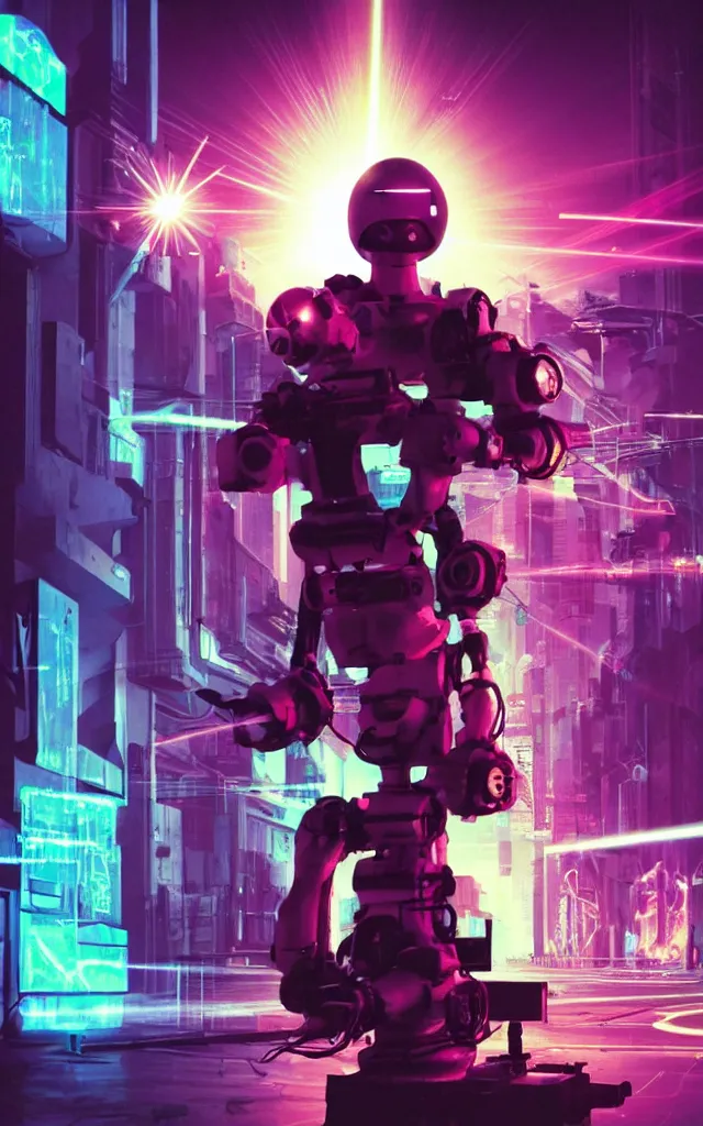 Image similar to Pope shooting bright lasers in front of robotic nuns, 80s, science fiction, cyberpunk, neon, low angle shot, cross, pope, movie poster, futuristic