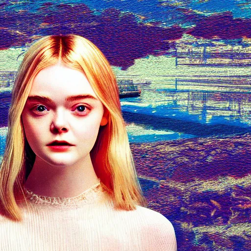 Image similar to glitch art of Elle Fanning, VHS. 8K. Extremely detailed.