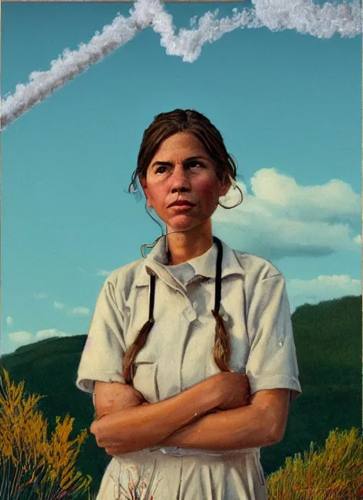 Prompt: composition by justine kurland, a zoomed out portrait of a beautiful tan skinned light brown hair maid in a white uniform cleaning in a scenic representation of mother nature and the meaning of life by billy childish, thick visible brush strokes, shadowy landscape painting in the background by beal gifford, vintage postcard illustration, minimalist cover art by mitchell hooks