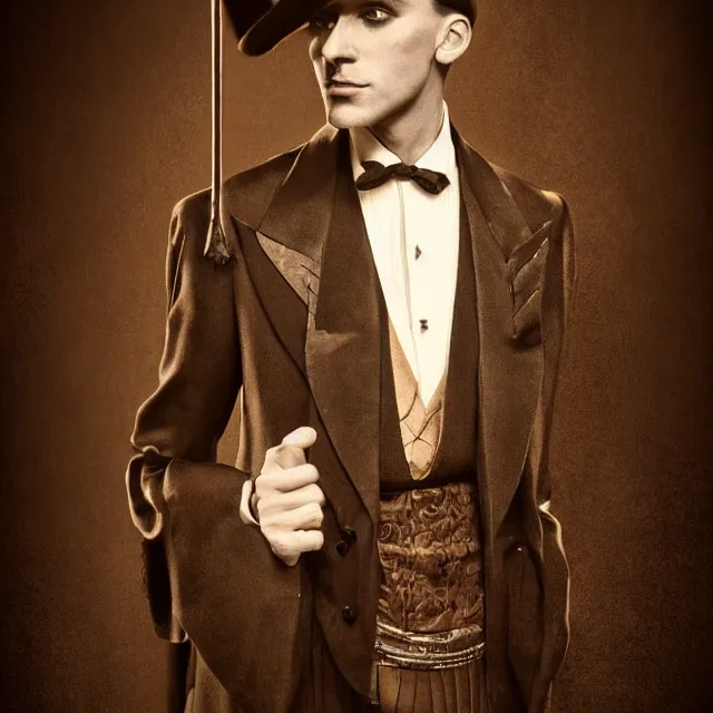 Image similar to photorealistic sepia kodachrome portrait of a 1 9 2 0 s era male magician, well dressed, long - tailed tuxedo coat, atmospheric lighting, dark, brooding, painted, intricate, ultra detailed, well composed, best on artstation, cgsociety, epic, stunning, gorgeous, intricate detail, much wow, masterpiece