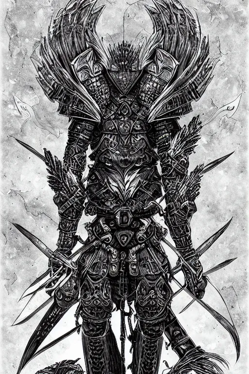 Image similar to armoured warrior crow monster, symmetrical, highly detailed, digital art, raven themed armour, sharp focus, trending on art station, kentaro miura manga art style