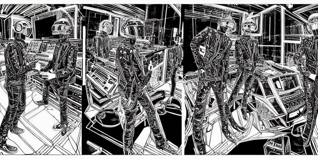 Image similar to intricate detailed artwork of Daft Punk using dj controller at an underground warehouse rave in Ibiza playing techno house music, thousands beautiful gorgeous girls dancing in bikini, in the style of Moebius, wires, speakers, black and white ink, some ink drips
