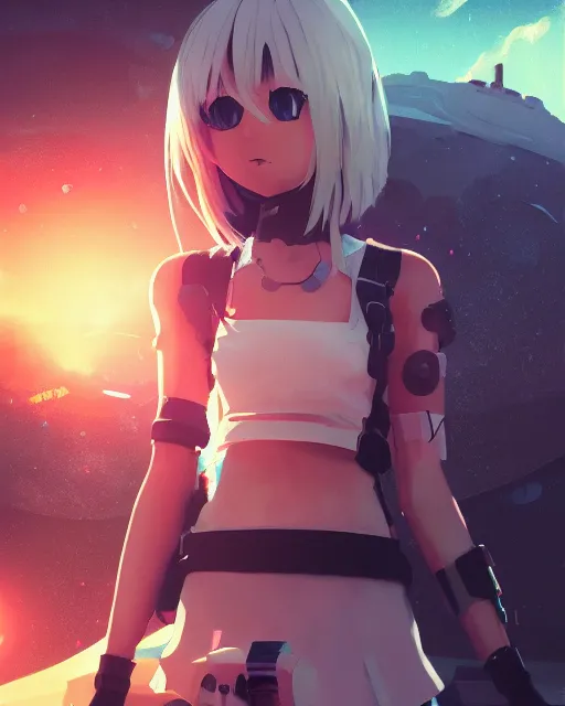 Prompt: ultra detailed portrait of anime girl, beautiful landscape, nier automata, machine planet, alien, glass obelisks, ufo in the sky, colorful light, advanced technology, cinematic lighting, sharp focus, artstation, intricate, masterpiece, art by bastien grivet and darwin cellis and jan urschel