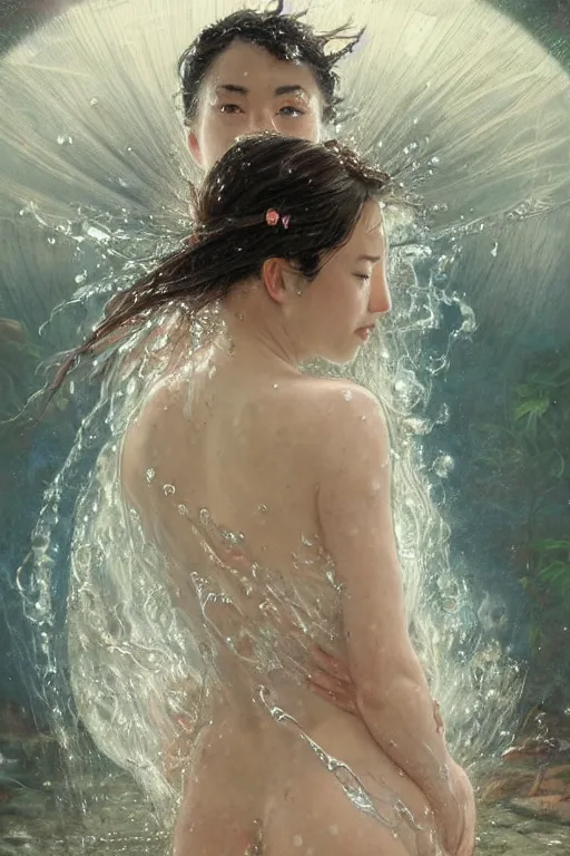 Image similar to portrait of a beautiful woman wearing a kimono, silver hair, drenched body, wet dripping hair, emerging from the water, fantasy, regal, fractal crystal, fractal stone gems, by stanley artgerm lau, greg rutkowski, thomas kindkade, alphonse mucha, loish, norman rockwell